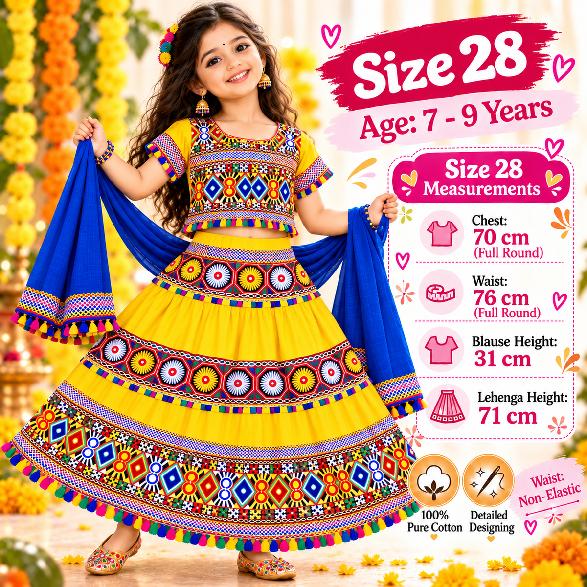 Girls Yellow Traditional Cotton Lehenga Choli Set with Blue Dupatta