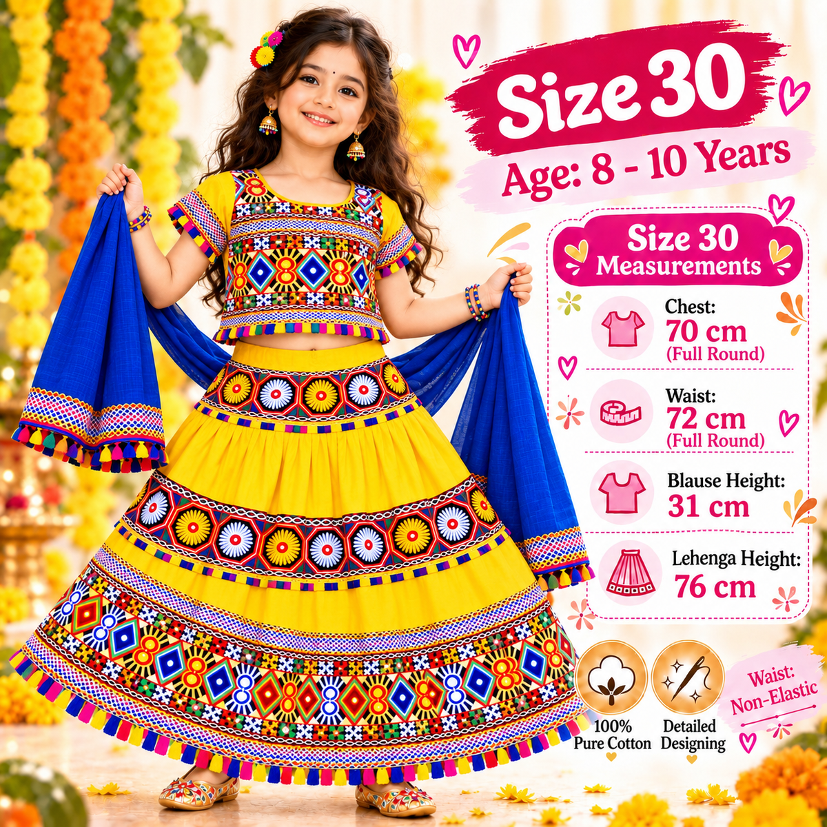 Girls Yellow Traditional Cotton Lehenga Choli Set with Blue Dupatta