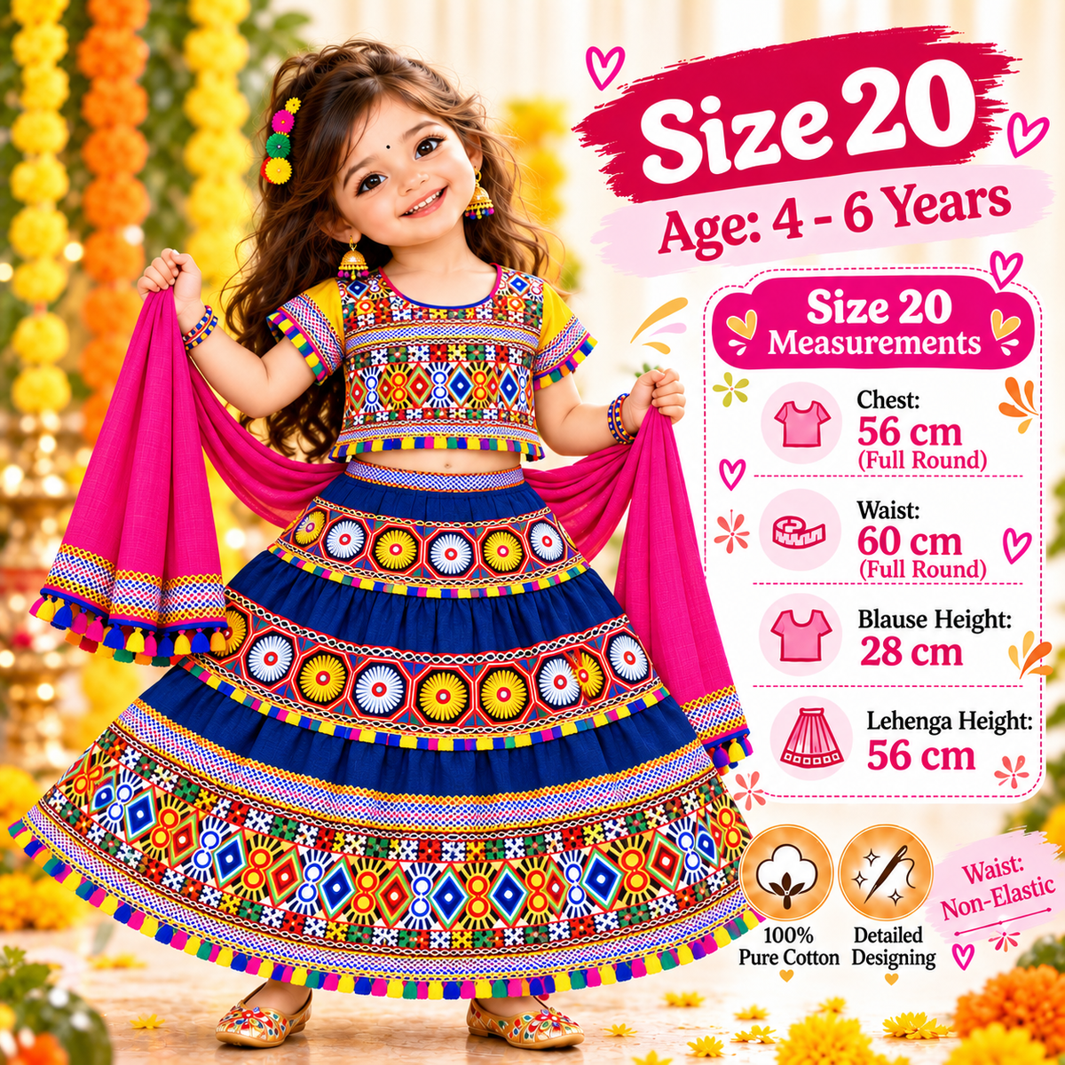 Girls Royal Blue Traditional Cotton Lehenga Choli Set with Pink Dupatta