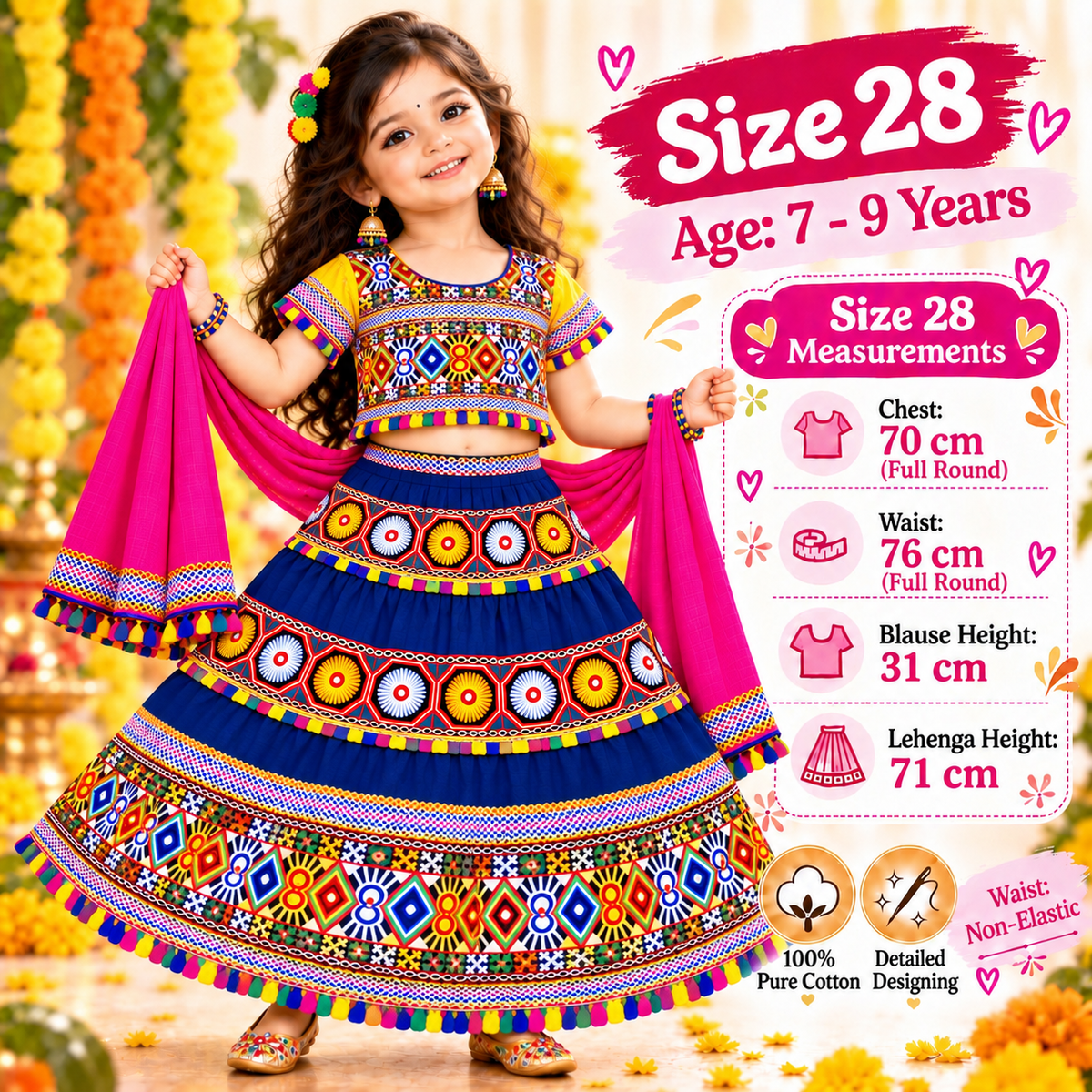 Girls Royal Blue Traditional Cotton Lehenga Choli Set with Pink Dupatta