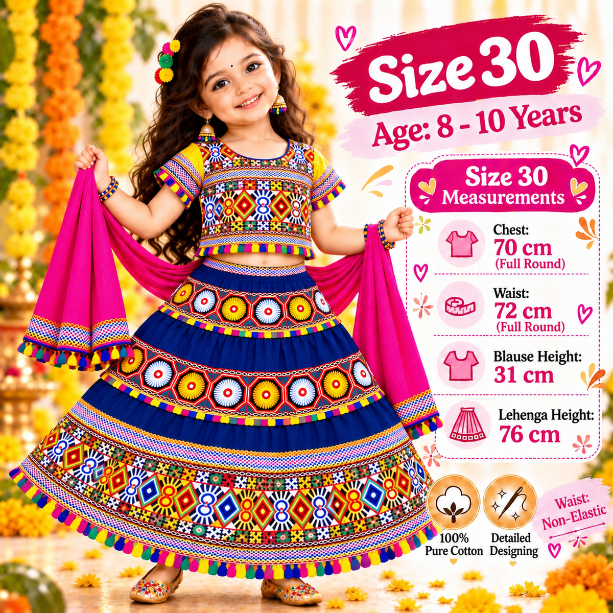 Girls Royal Blue Traditional Cotton Lehenga Choli Set with Pink Dupatta