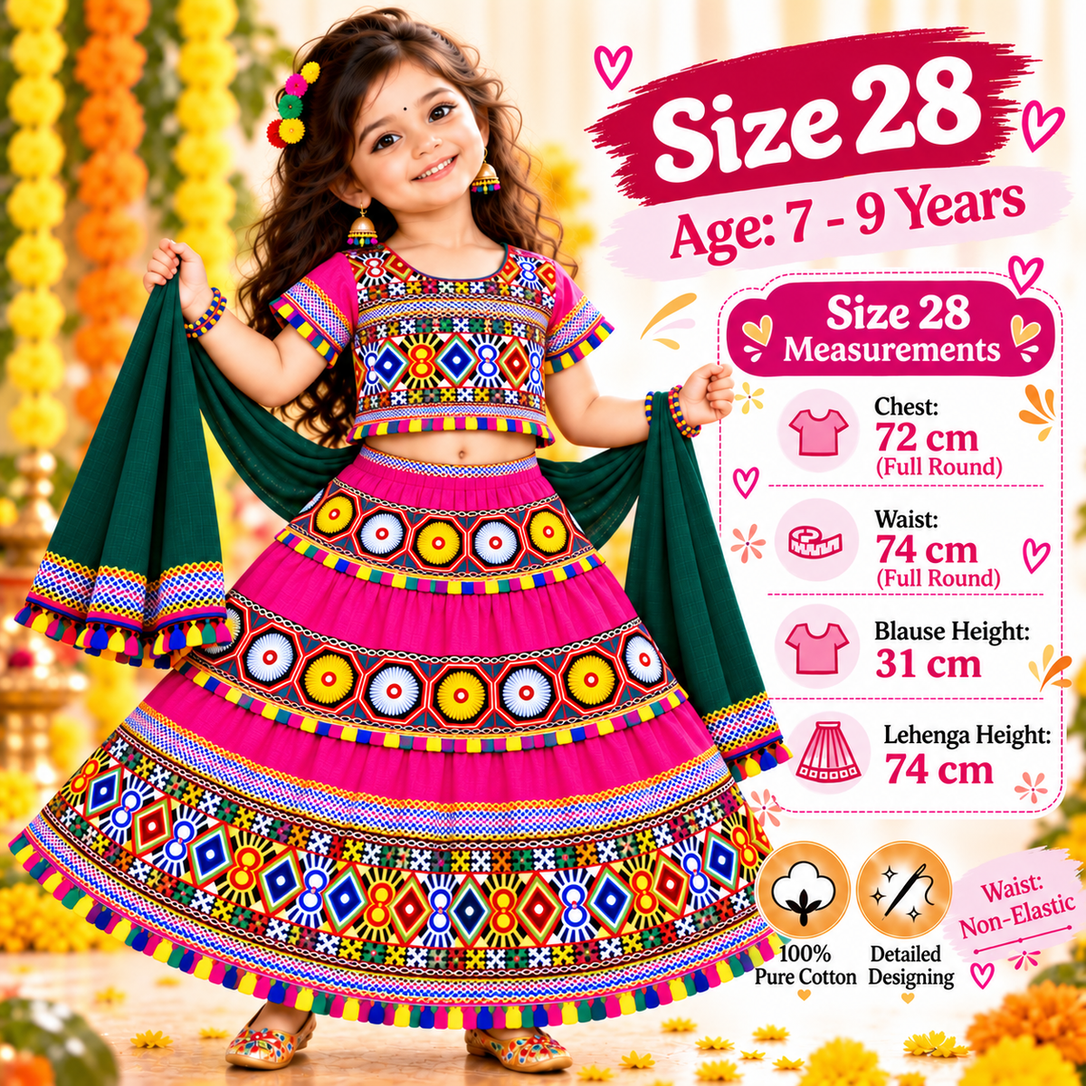 Girls Pink Traditional Cotton Lehenga Choli Set with Green Dupatta