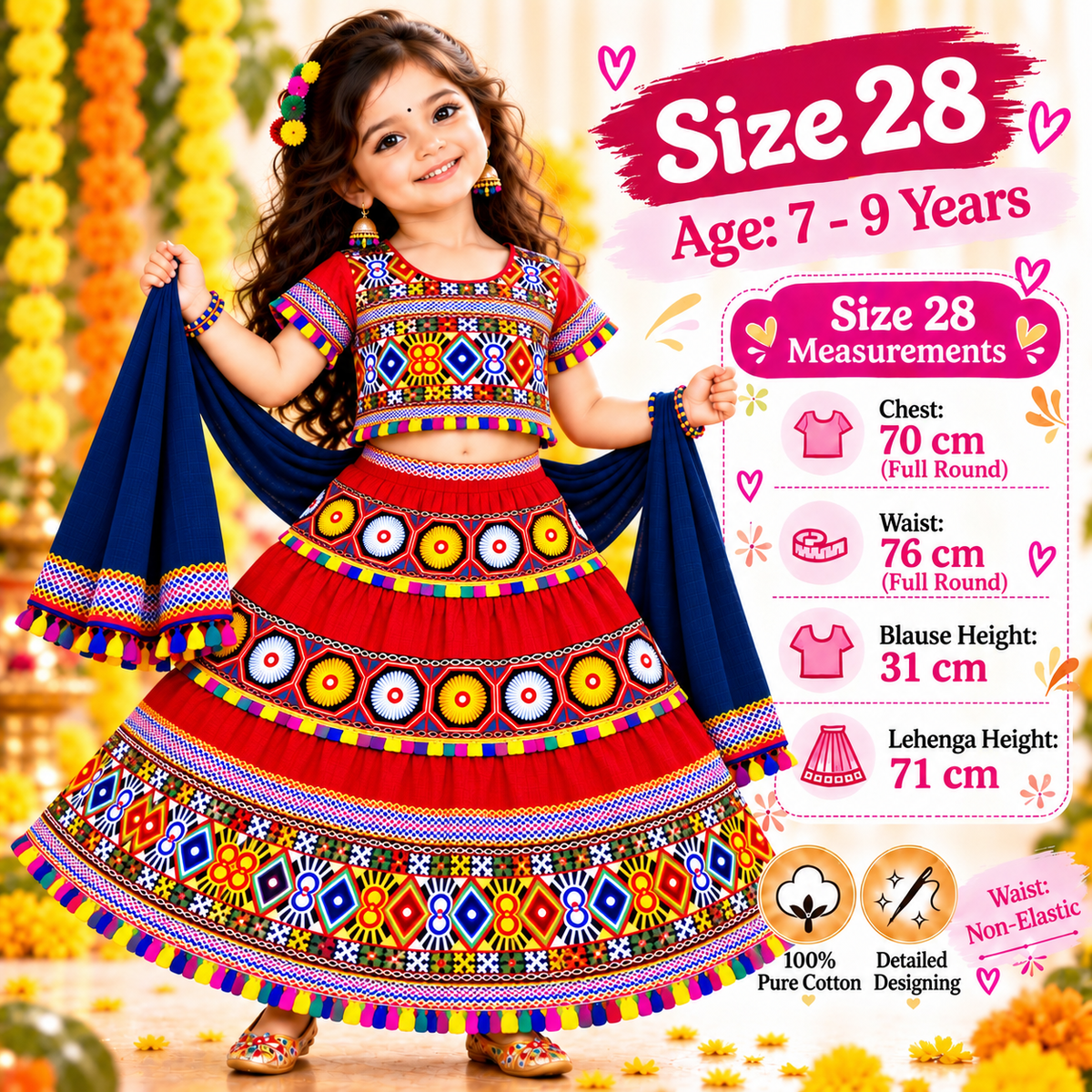 Girls Red Traditional Cotton Lehenga Choli Set with Black Dupatta