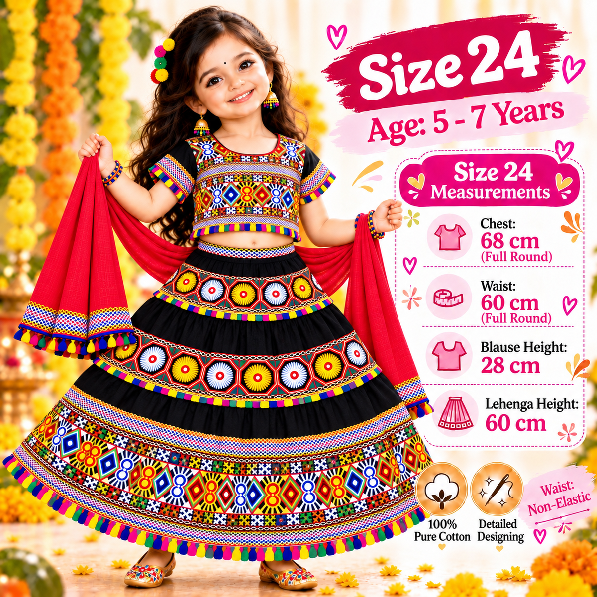 Girls Black Traditional Cotton Lehenga Choli Set with Red Dupatta