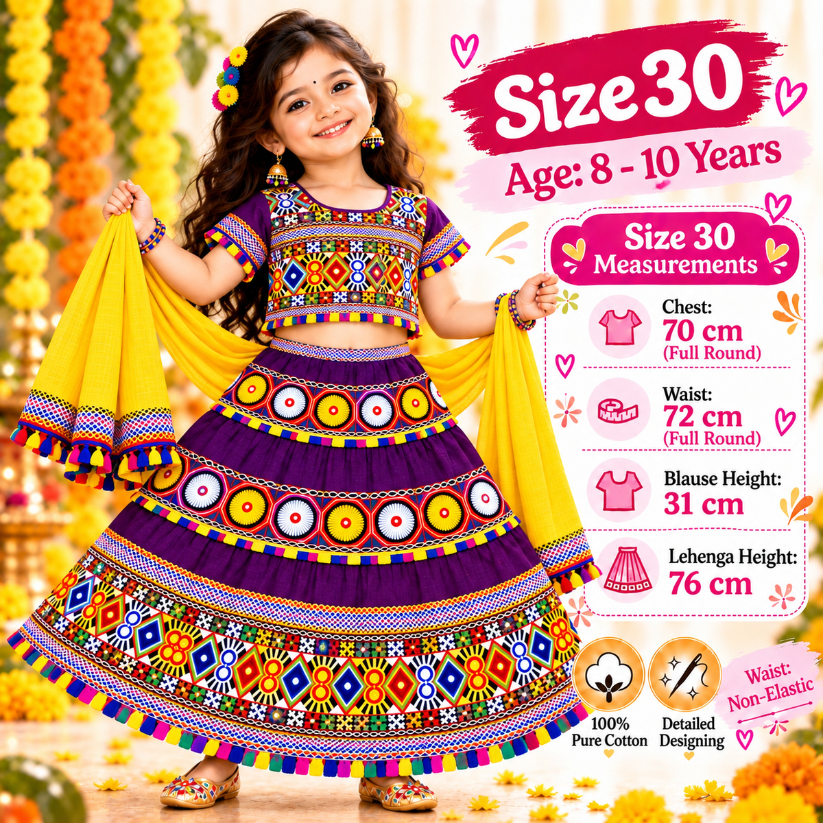 Girls Wine Purple Traditional Cotton Lehenga Choli Set with Mustard Dupatta