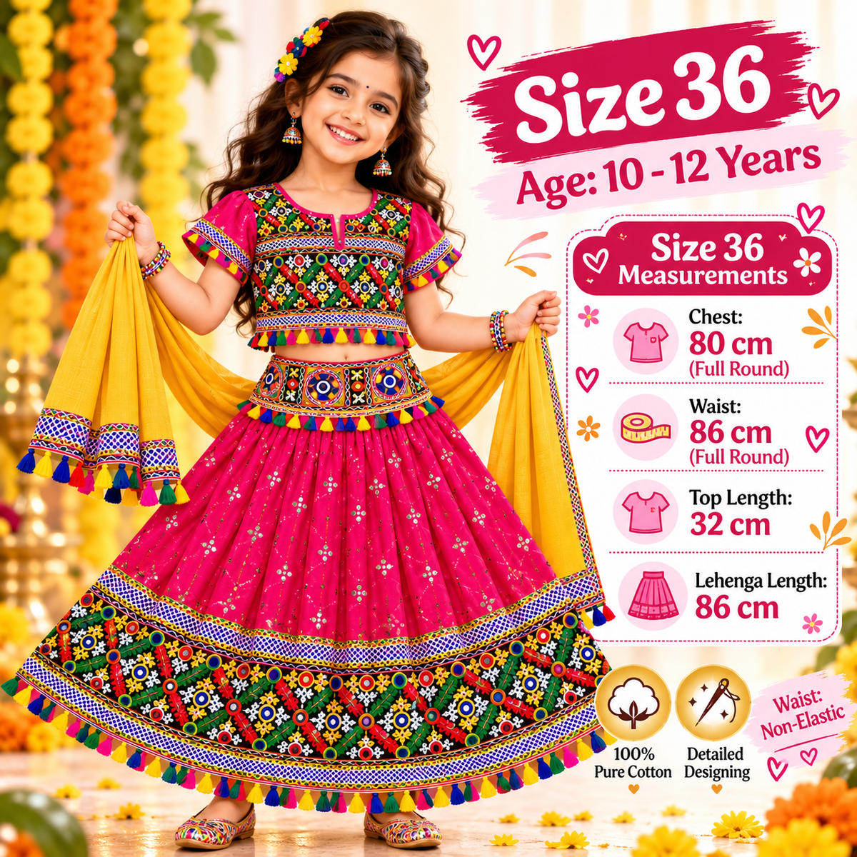Girls Pink Multicolor Pure Cotton Garba Lehenga Choli Set with Yellow Dupatta