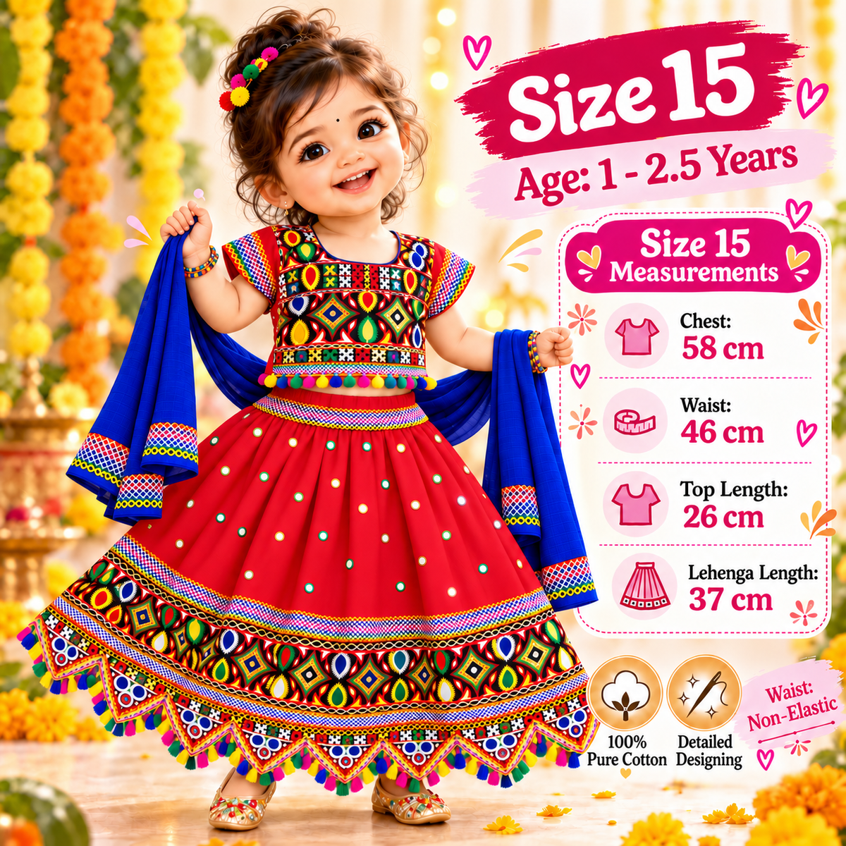 Girls Red Navratri Ghagra Choli Set with Blue Dupatta | 100% Pure Cotton | Traditional Garba & Dandiya Dress