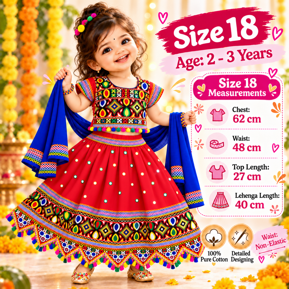 Girls Red Navratri Ghagra Choli Set with Blue Dupatta | 100% Pure Cotton | Traditional Garba & Dandiya Dress