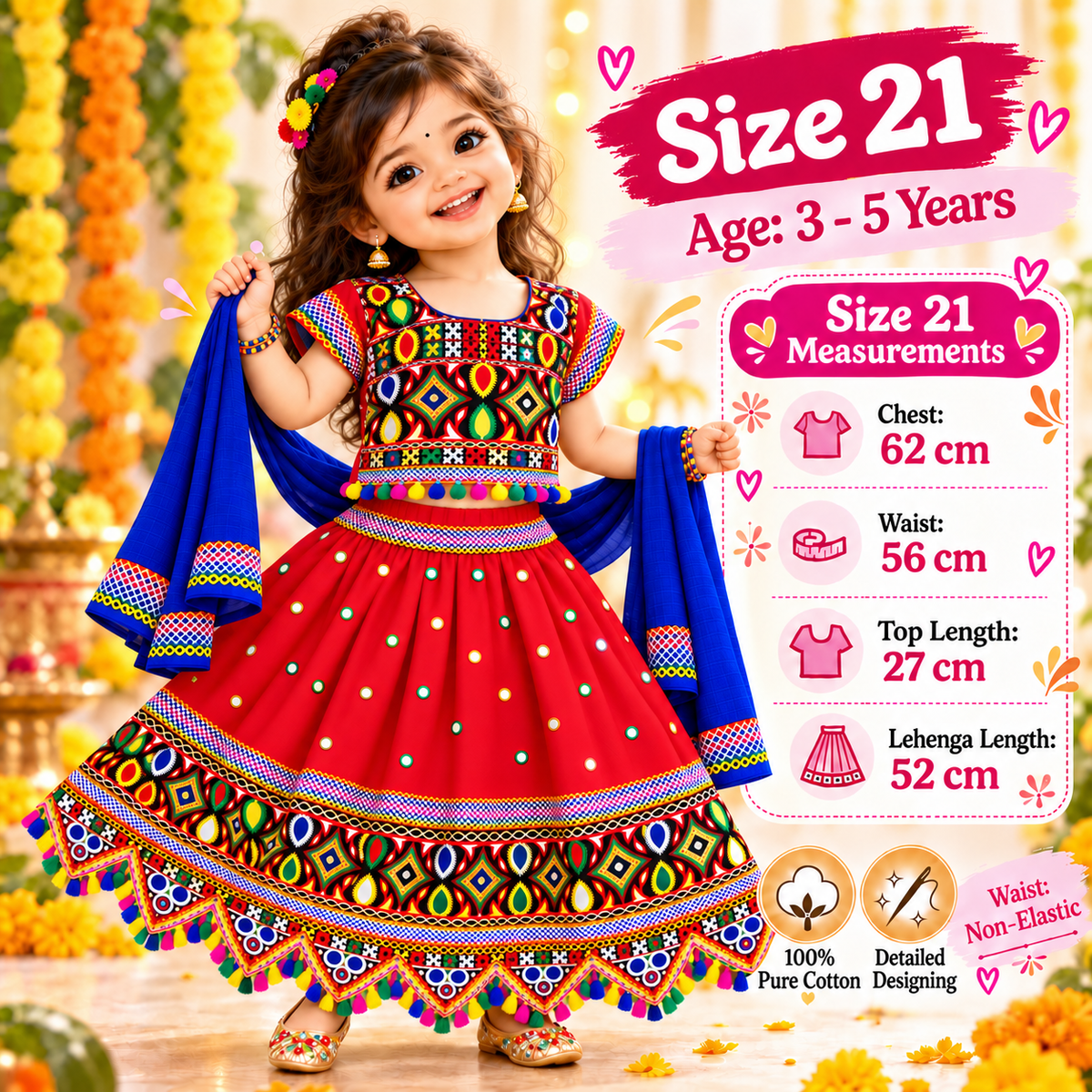 Girls Red Navratri Ghagra Choli Set with Blue Dupatta | 100% Pure Cotton | Traditional Garba & Dandiya Dress