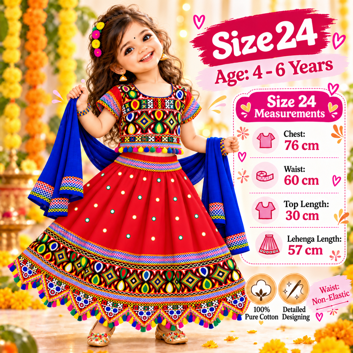 Girls Red Navratri Ghagra Choli Set with Blue Dupatta | 100% Pure Cotton | Traditional Garba & Dandiya Dress