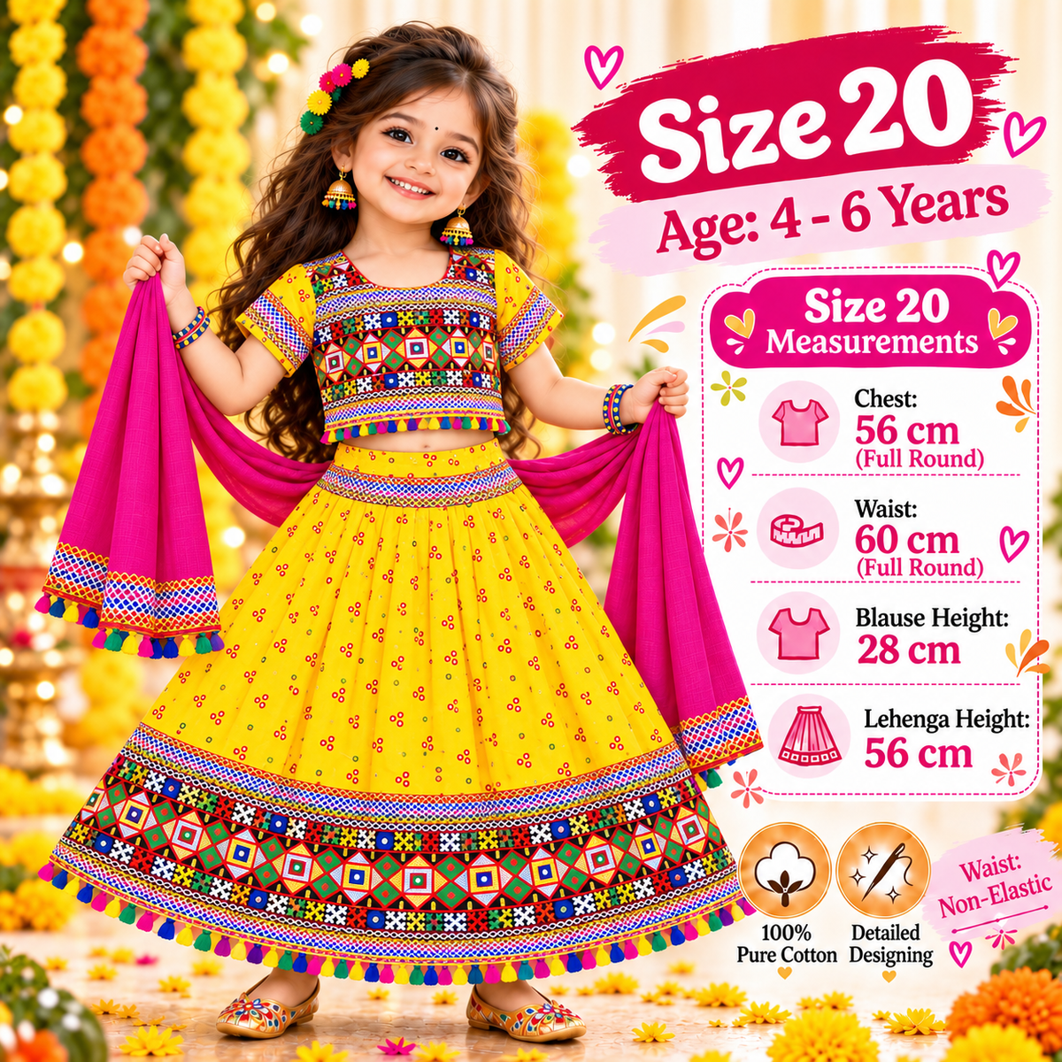 Girls Yellow Pure Cotton Ghagra Choli Set with Rani Pink Dupatta – Traditional Navratri Lehenga