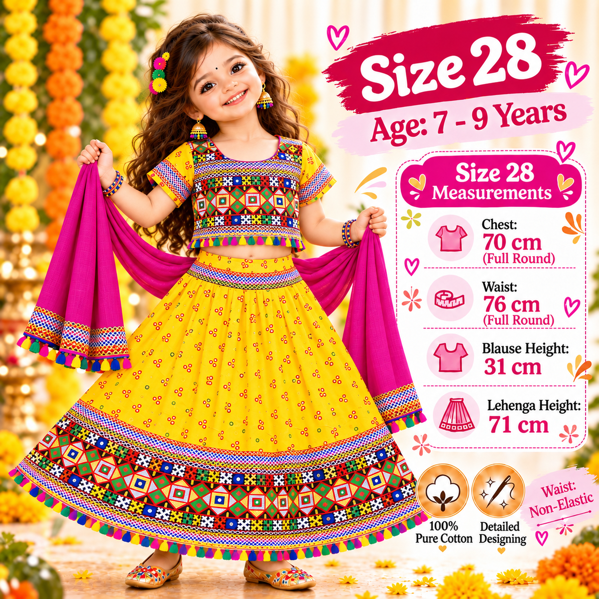 Girls Yellow Pure Cotton Ghagra Choli Set with Rani Pink Dupatta – Traditional Navratri Lehenga