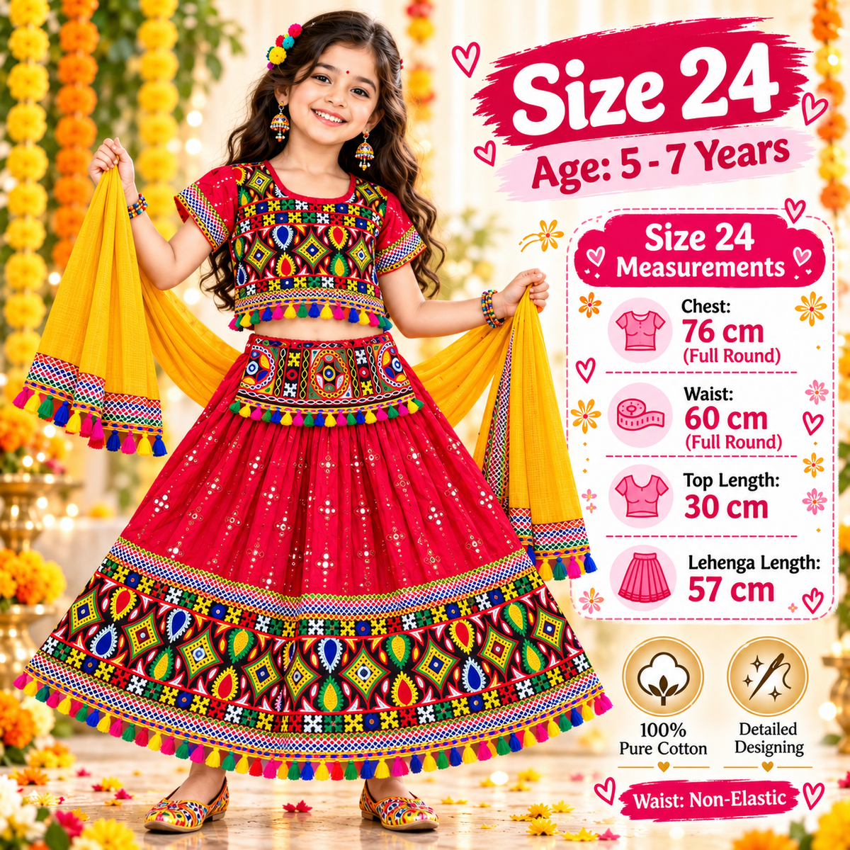 Girls Red Traditional Lehenga Choli Set with Mustard Yellow Dupatta – 100% Pure Cotton