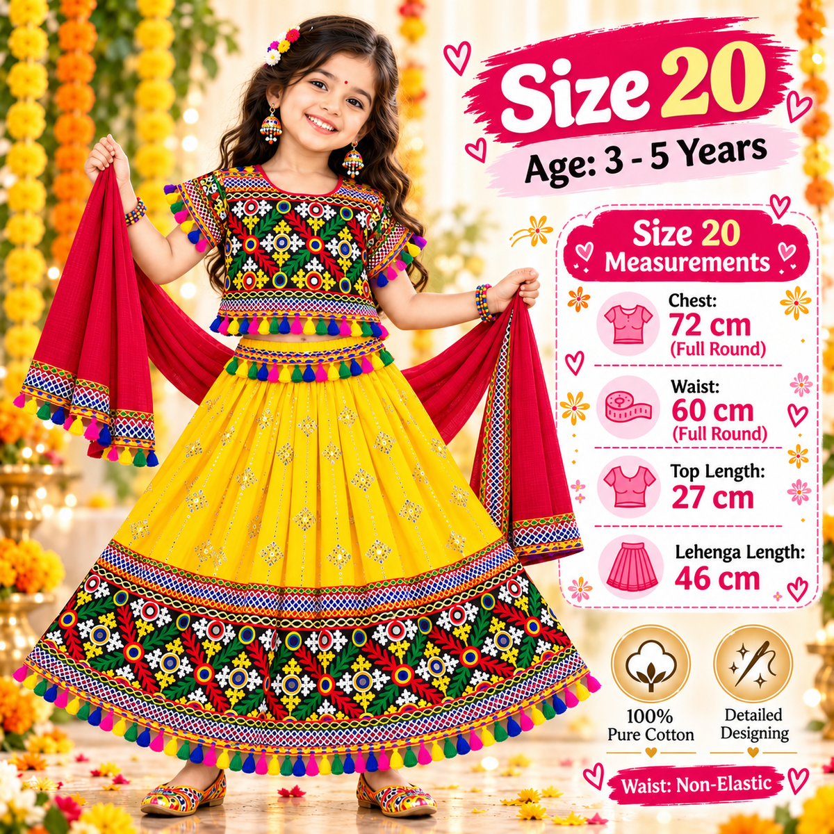 Girls Yellow Traditional Lehenga Choli Set with Red Dupatta – 100% Pure Cotton Festive Wear