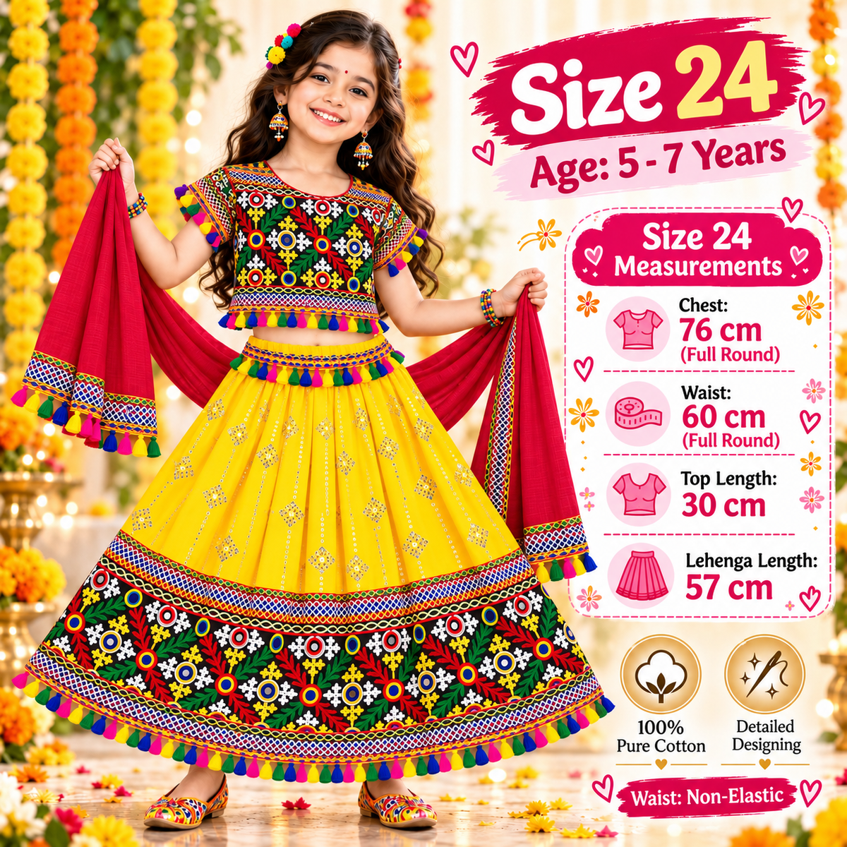 Girls Yellow Traditional Lehenga Choli Set with Red Dupatta – 100% Pure Cotton Festive Wear