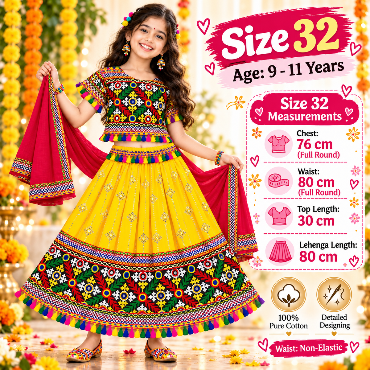 Girls Yellow Traditional Lehenga Choli Set with Red Dupatta – 100% Pure Cotton Festive Wear