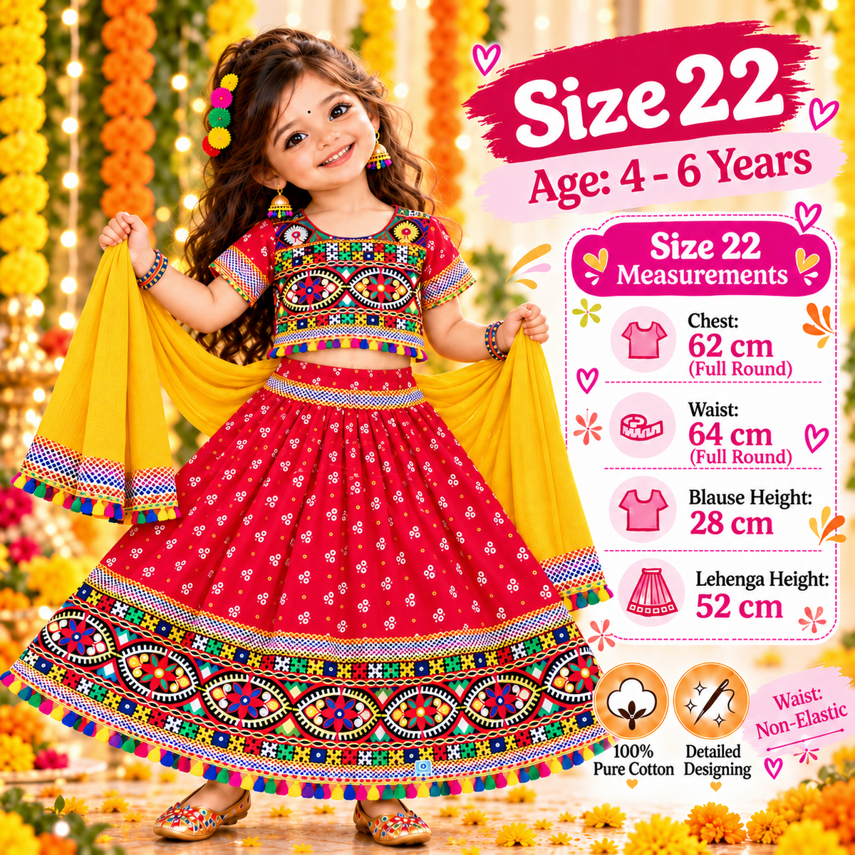 Girls Red Pure Cotton Ghagra Choli Set with Yellow Dupatta – Traditional Navratri Lehenga
