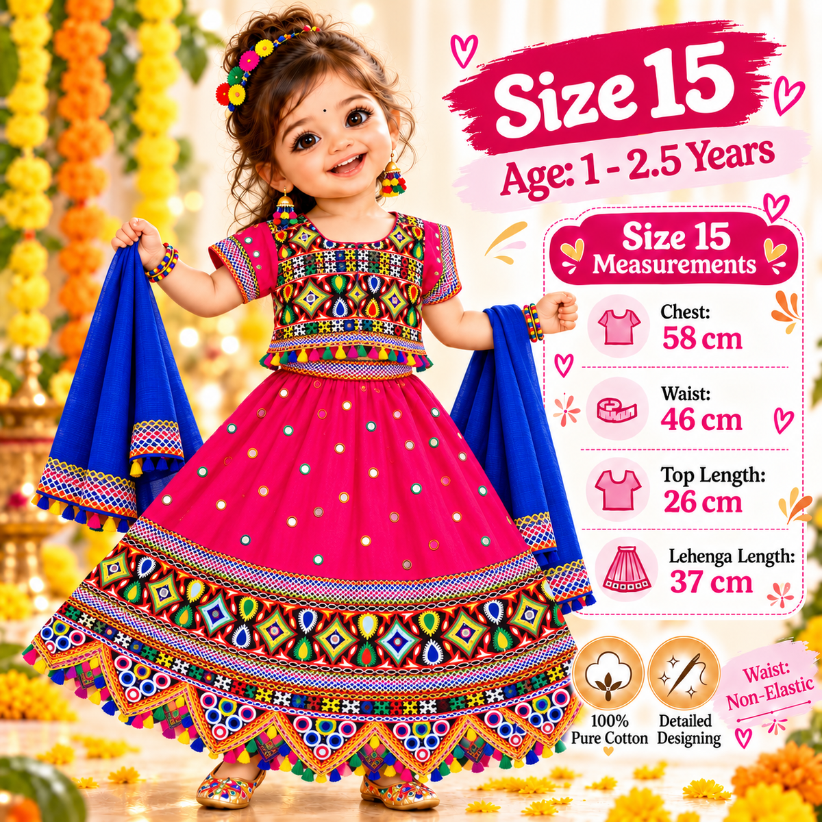 Girls Pink Multicolor Pure Cotton Garba Lehenga Choli Set with Royal Blue Dupatta