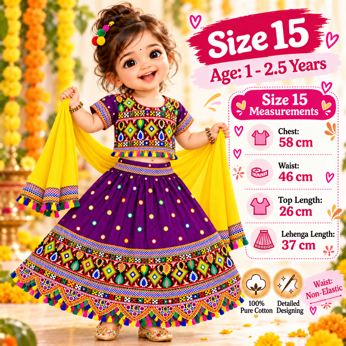 Girls Purple Multicolor Pure Cotton Garba Lehenga Choli Set with Yellow Dupatta