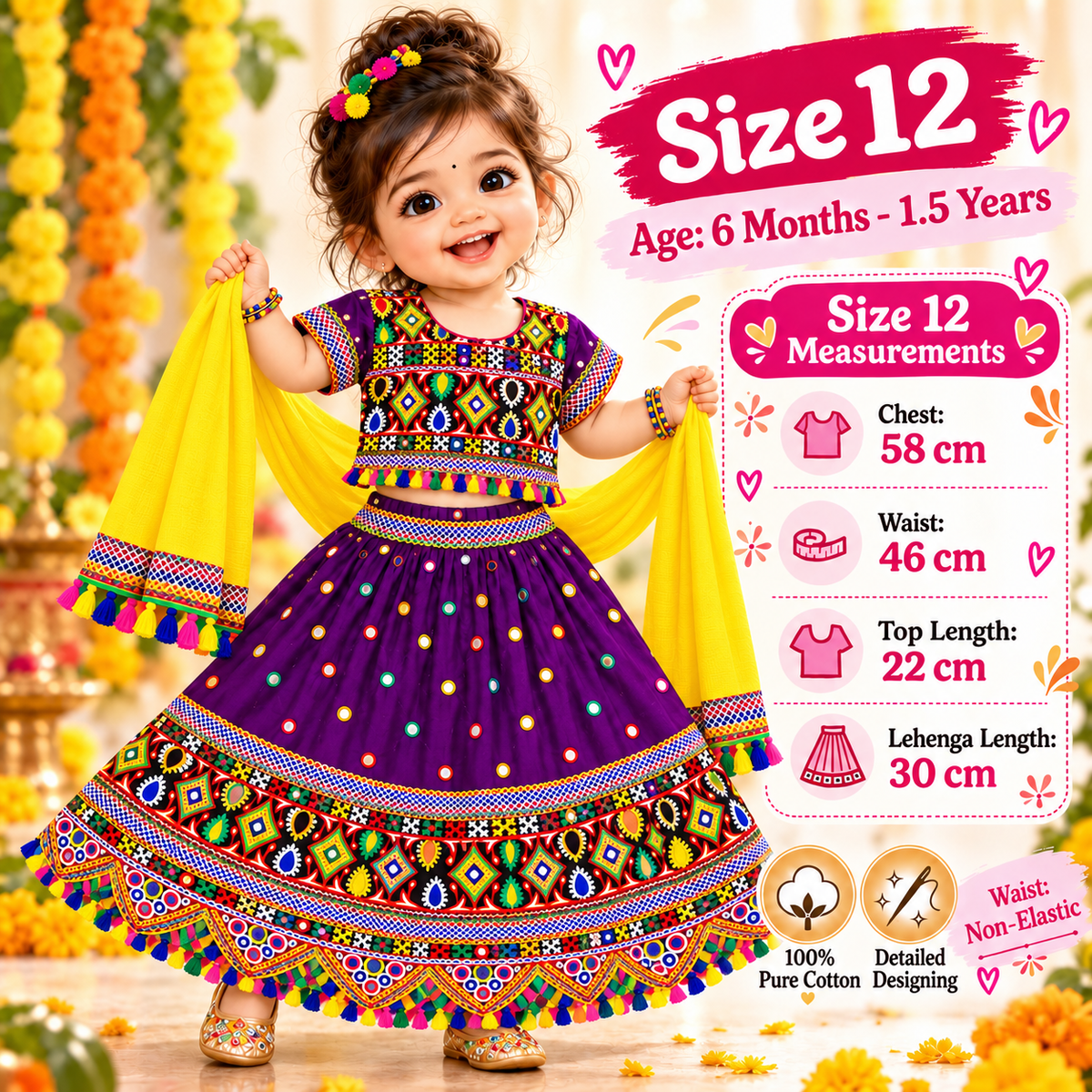 Girls Purple Multicolor Pure Cotton Garba Lehenga Choli Set with Yellow Dupatta