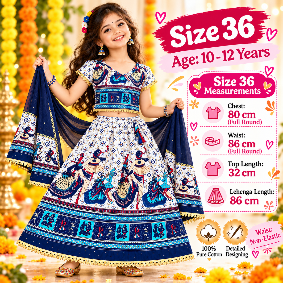 Royal Blue Radha Krishna Print Navratri Lehenga Choli Set for Girls