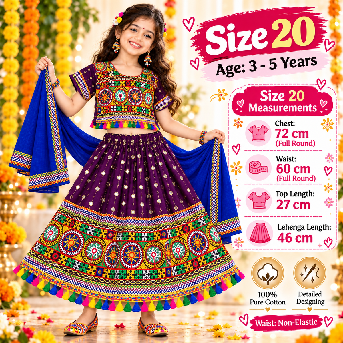 Girls Purple Traditional Lehenga Choli Set with Royal Blue Dupatta – 100% Pure Cotton Festive Wear