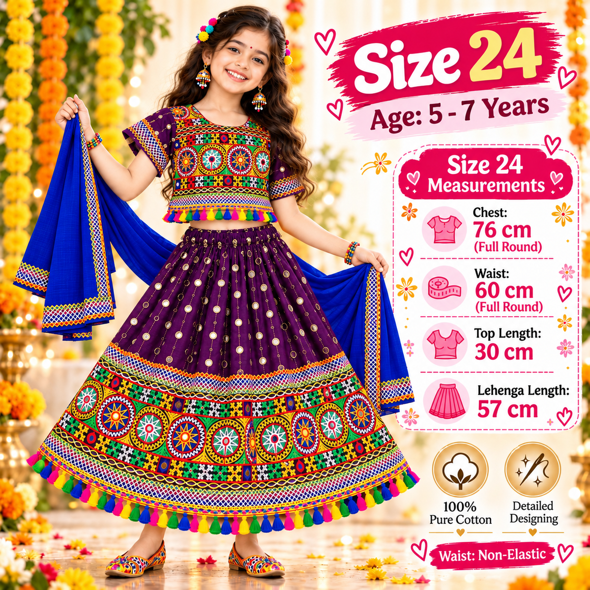 Girls Purple Traditional Lehenga Choli Set with Royal Blue Dupatta – 100% Pure Cotton Festive Wear