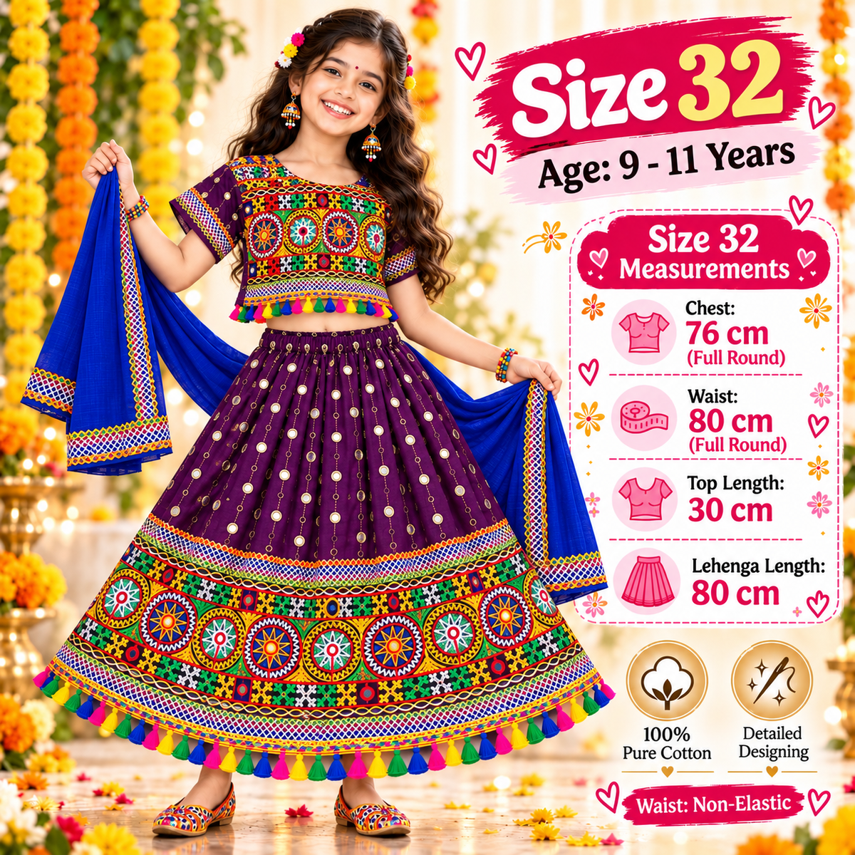 Girls Purple Traditional Lehenga Choli Set with Royal Blue Dupatta – 100% Pure Cotton Festive Wear