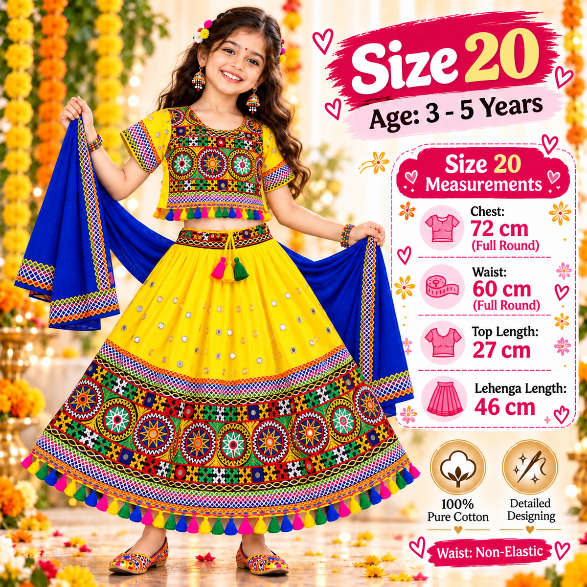 Girls Yellow Traditional Lehenga Choli Set with Blue Dupatta – 100% Pure Cotton Festive Wear
