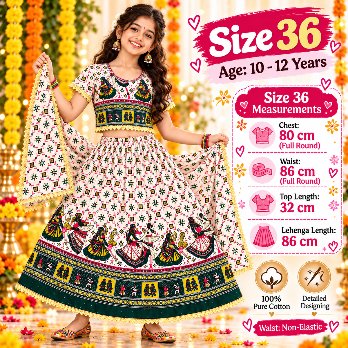 Emerald Green Folk Print Navratri Lehenga Choli Set for Girls
