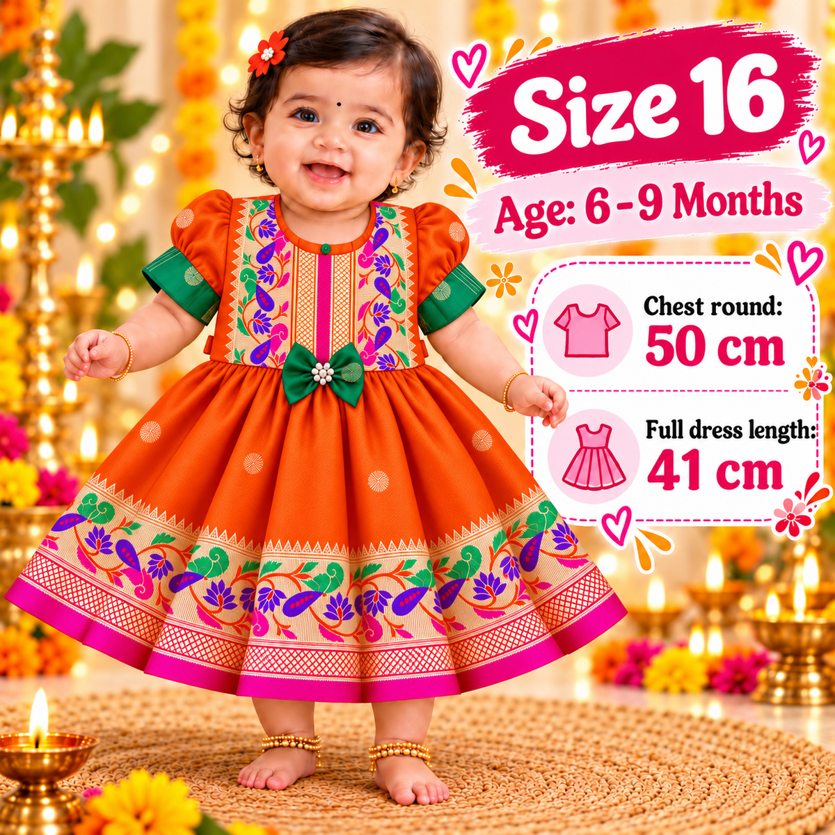 Girls Orange Paithani Frock Dress | Traditional Indian Ethnic Wear | Diwali & Festive Special