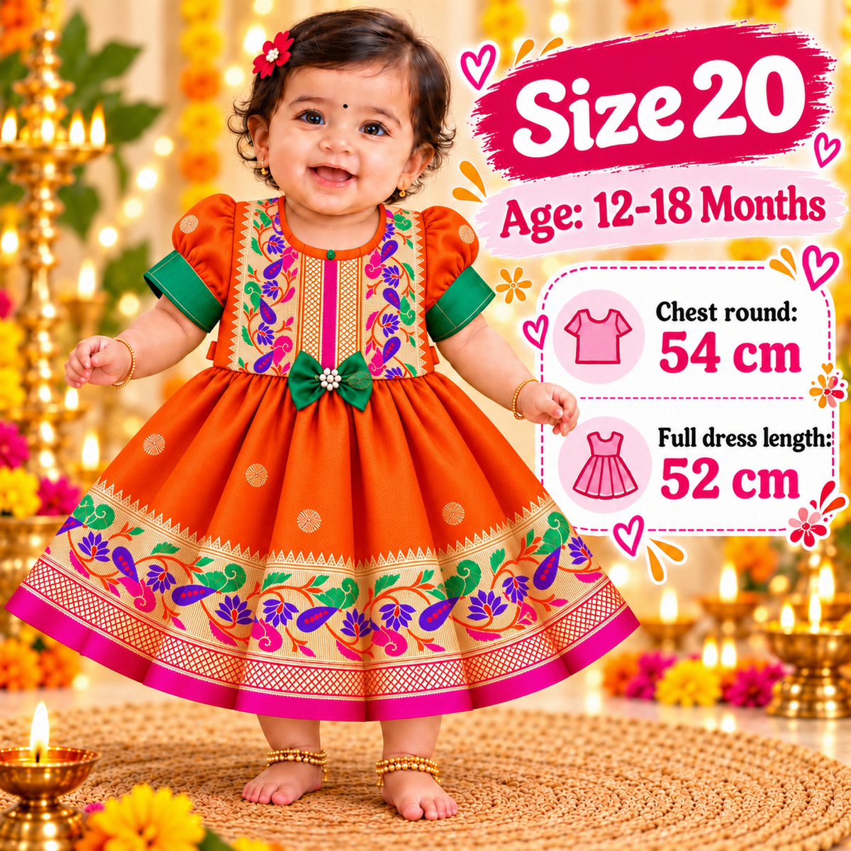 Girls Orange Paithani Frock Dress | Traditional Indian Ethnic Wear | Diwali & Festive Special