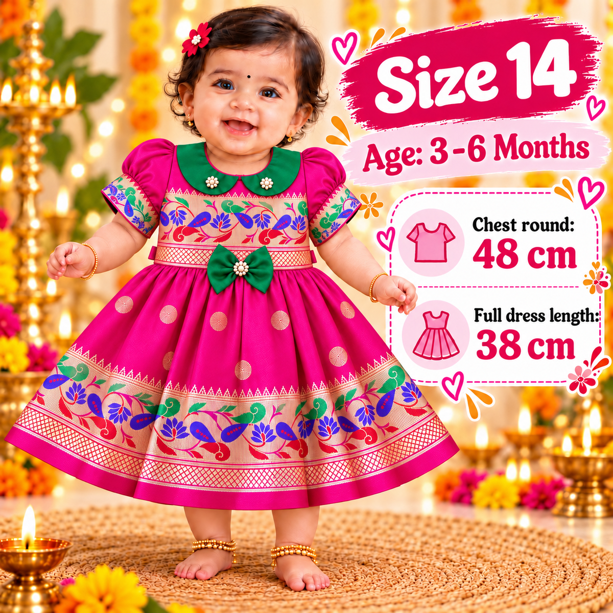 Girls Rani Pink Peacock Design Ethnic Frock with Decorative Bow | Baby Girls Wedding & Festive Dress