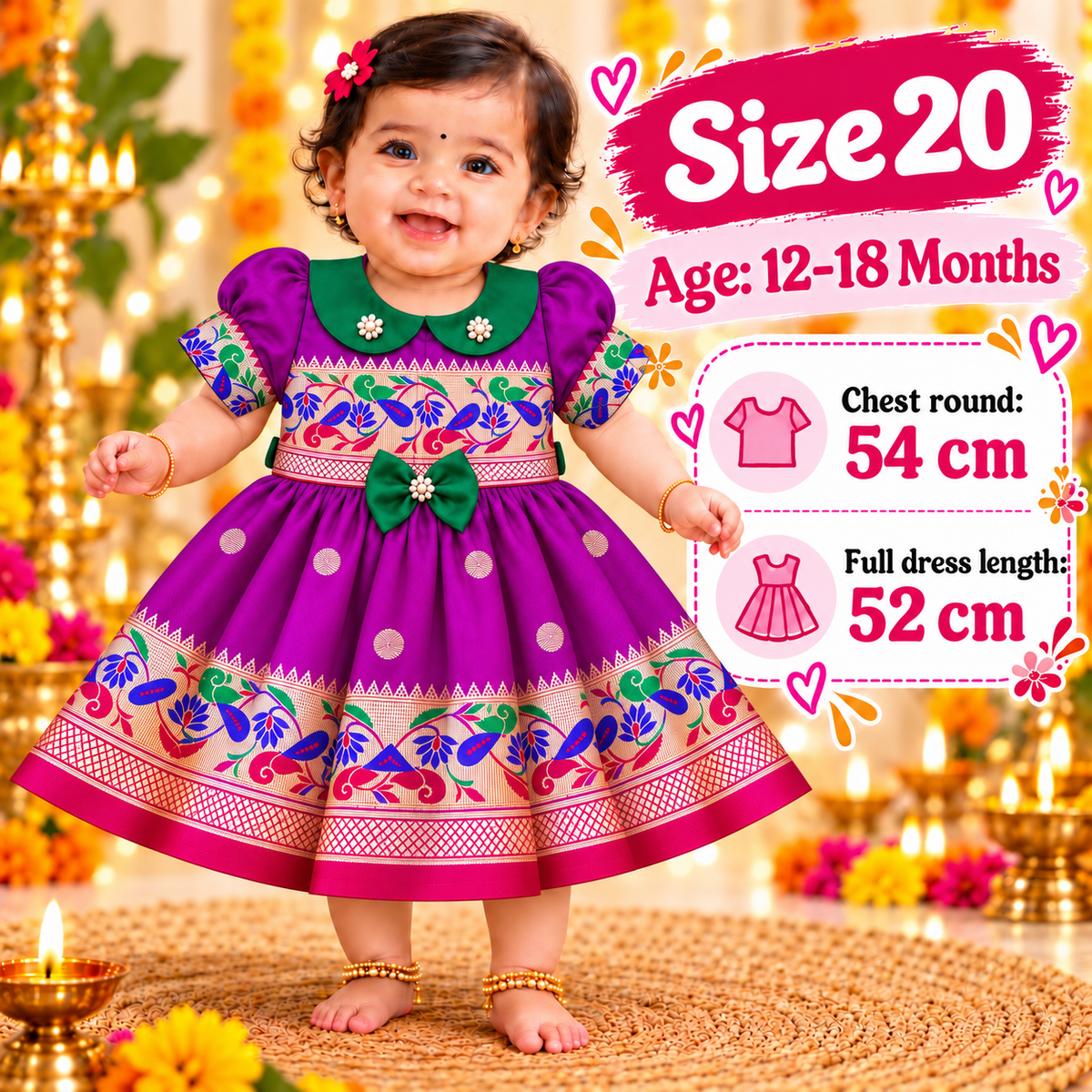 Girls Royal Purple Peacock Border Frock with Green Collar | Traditional Indian Party & Festive Wear