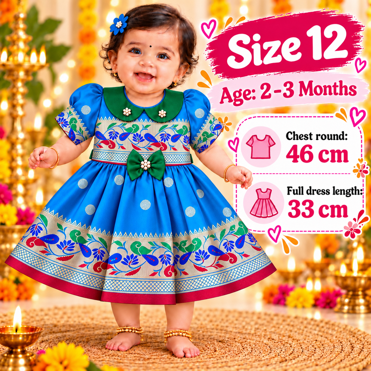 Girls Blue Designer Paithani Frock with Peacock Pattern | Baby Girls Traditional Festive Wear