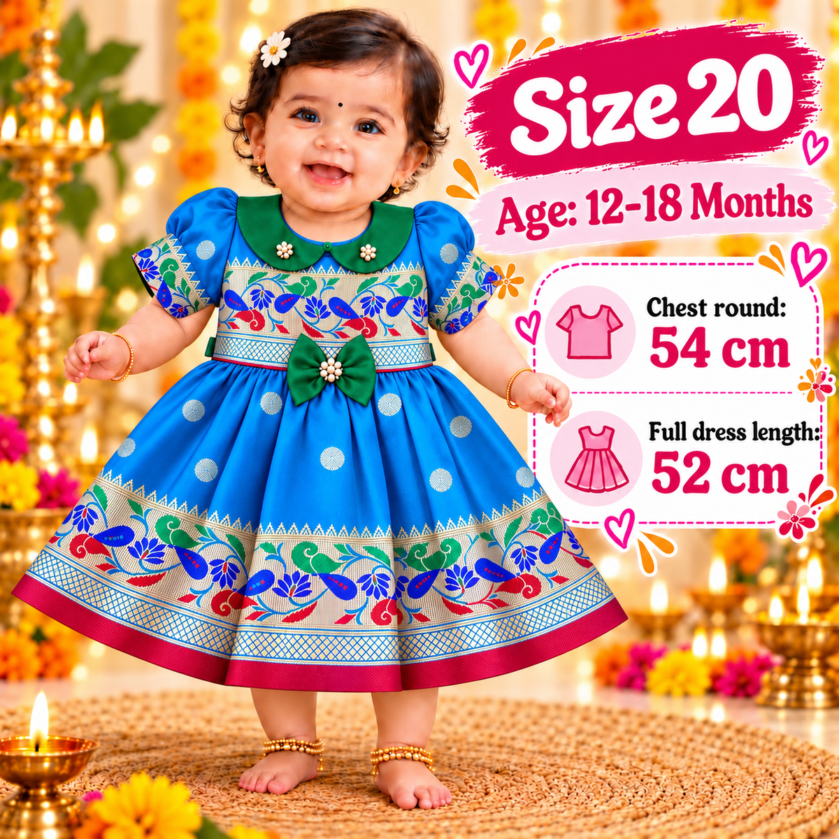 Girls Blue Designer Paithani Frock with Peacock Pattern | Baby Girls Traditional Festive Wear