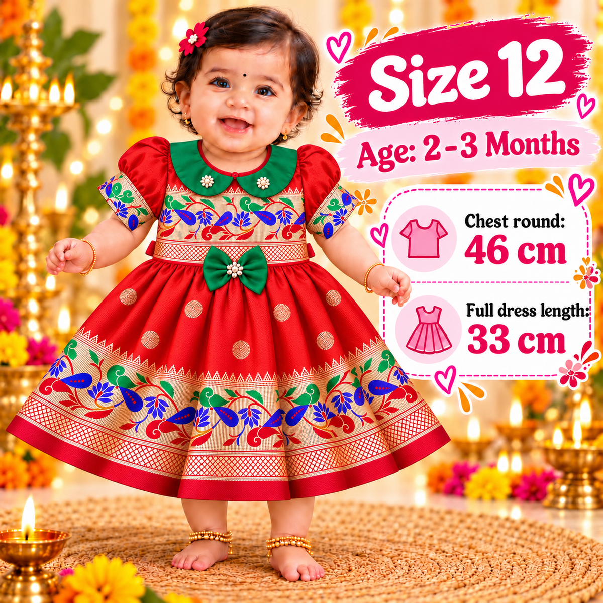 Girls Bright Red Festive Peacock Frock with Green Bow | Baby Girls Indian Ethnic Party Dress