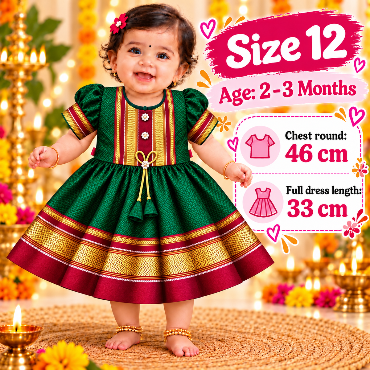 Girls Bottle Green Royal Paithani Frock with Golden Border & Tassels | Baby Girls Festive Wear
