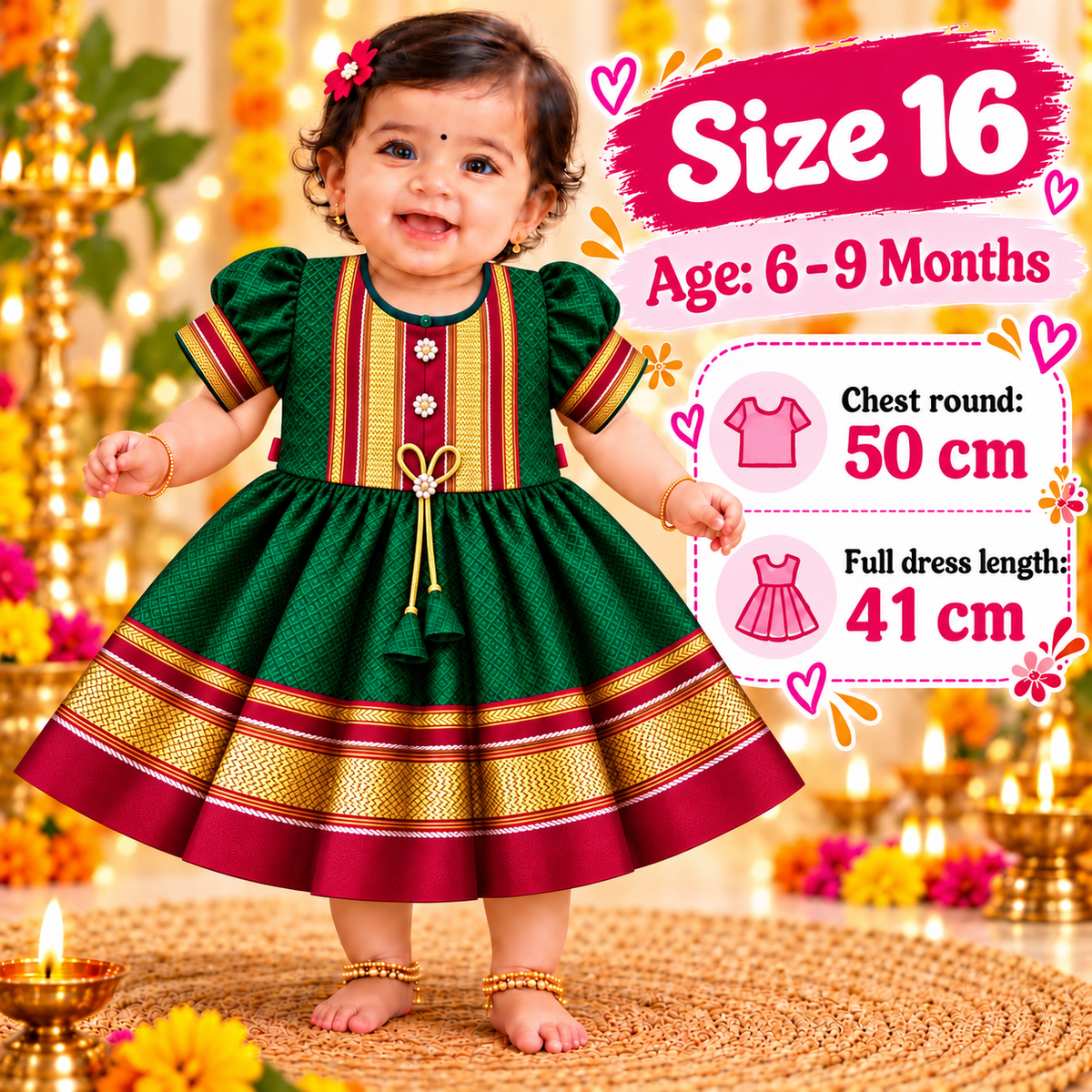 Girls Bottle Green Royal Paithani Frock with Golden Border & Tassels | Baby Girls Festive Wear