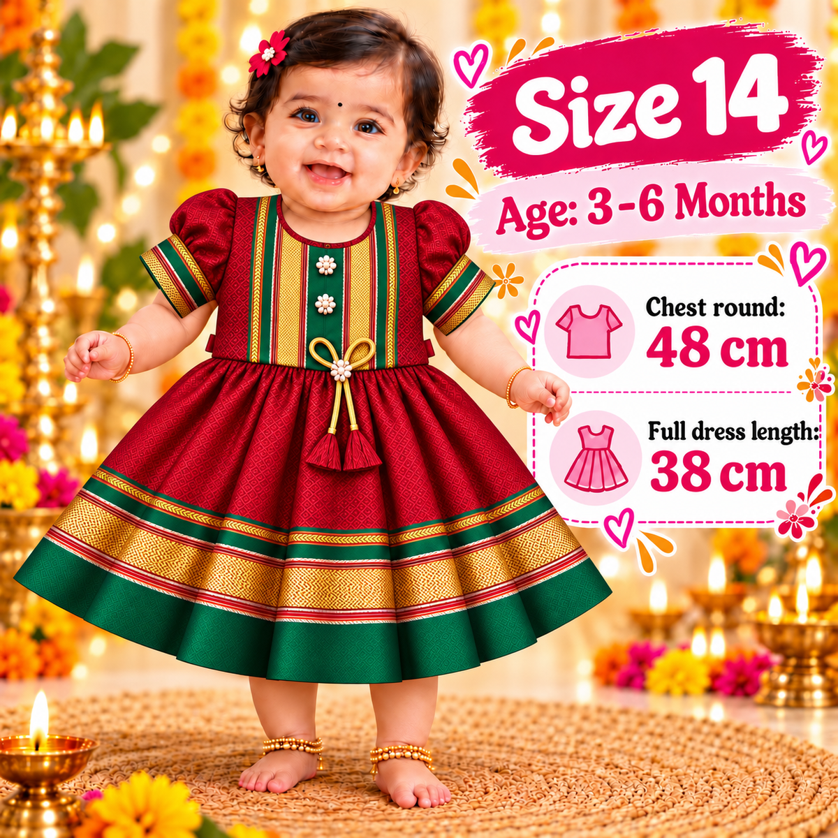Girls Maroon Royal Paithani Frock with Golden Zari-Style Border | Traditional Indian Wedding & Festive Dress