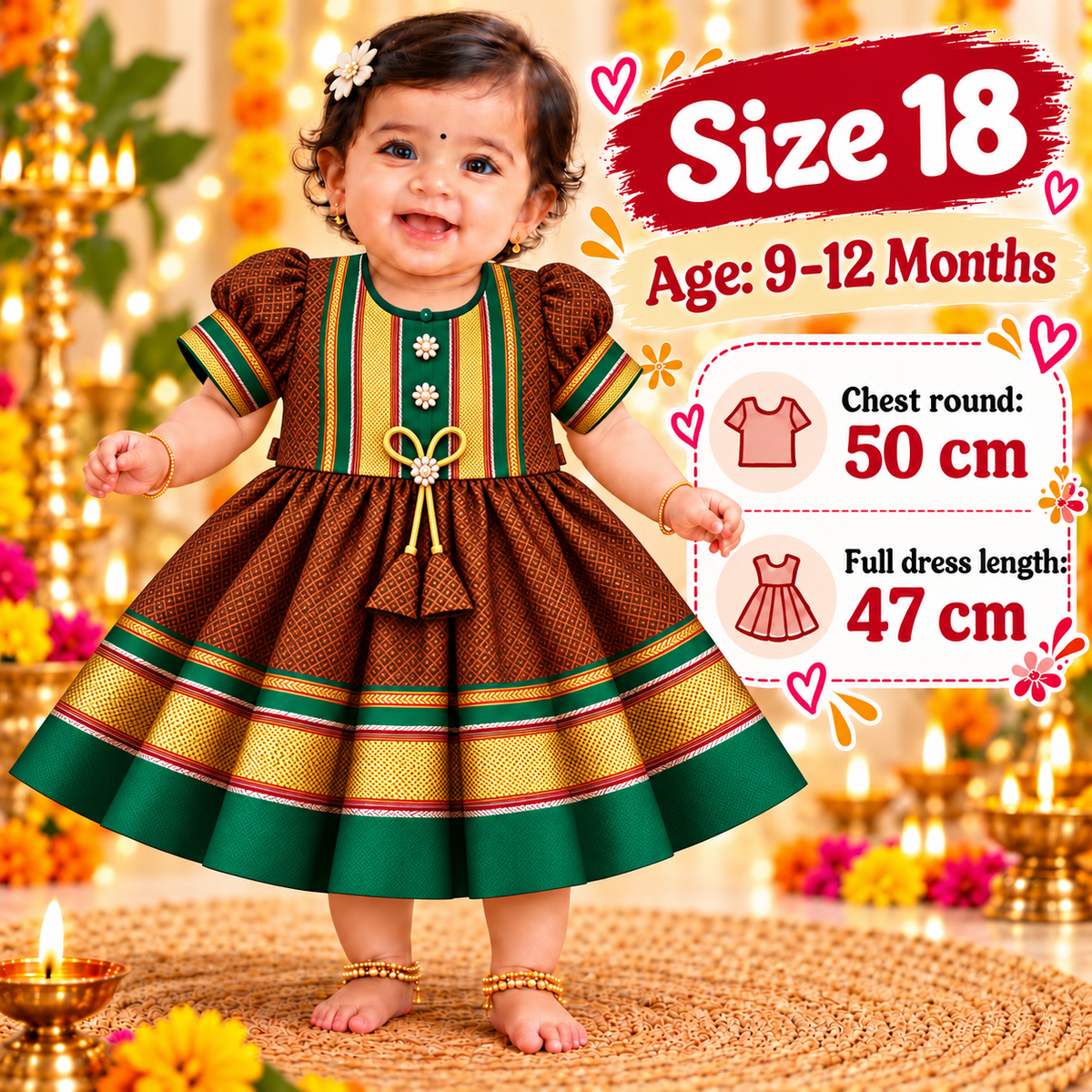 Girls Copper Brown Designer Paithani Frock with Golden Border | Baby Girls Traditional Party Wear