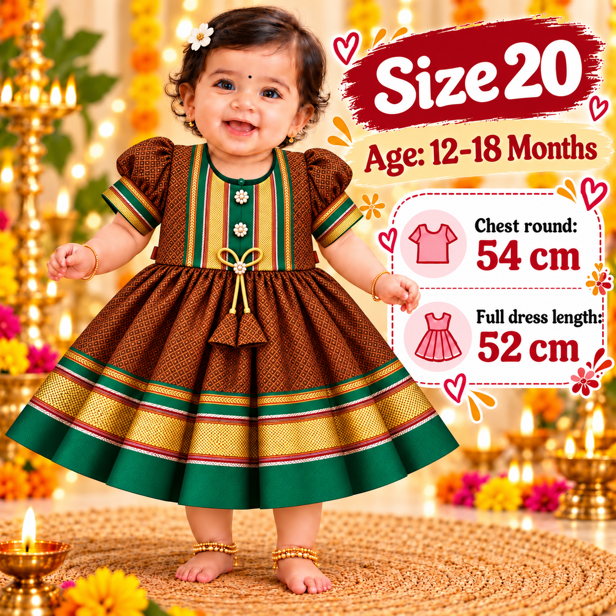 Girls Copper Brown Designer Paithani Frock with Golden Border | Baby Girls Traditional Party Wear