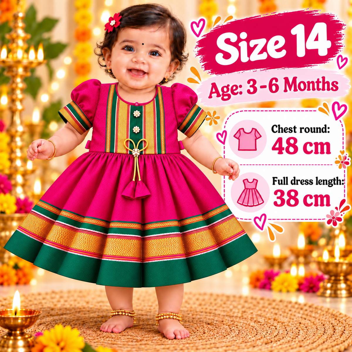 Girls Rani Pink Royal Paithani Frock with Golden Border & Tassel Design | Baby Girls Ethnic Festive Dress