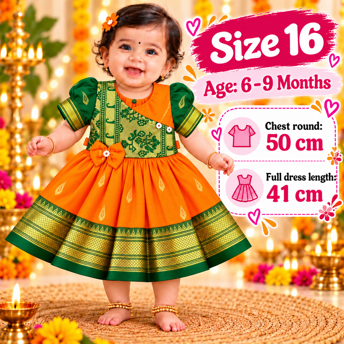 Girls Orange & Green Designer Paithani Frock with Golden Border | Baby Girls Festive & Wedding Wear