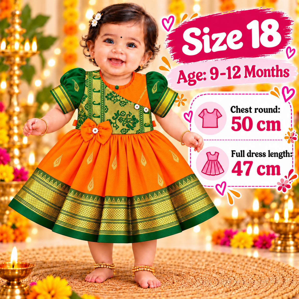 Girls Orange & Green Designer Paithani Frock with Golden Border | Baby Girls Festive & Wedding Wear