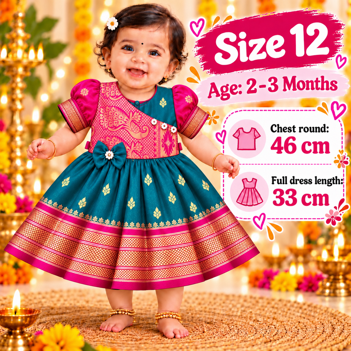 Girls Peacock Green & Pink Luxury Paithani Frock with Floral Design | Baby Girls Wedding & Party Wear