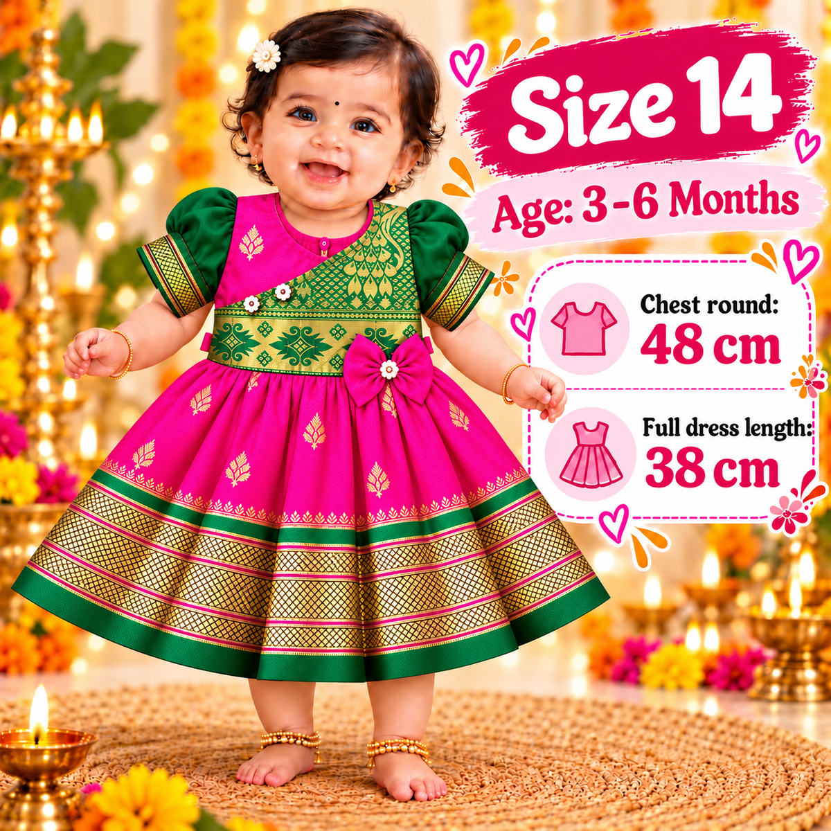 Girls Rani Pink & Green Royal Brocade Paithani Frock | Golden Border Ethnic Party Dress