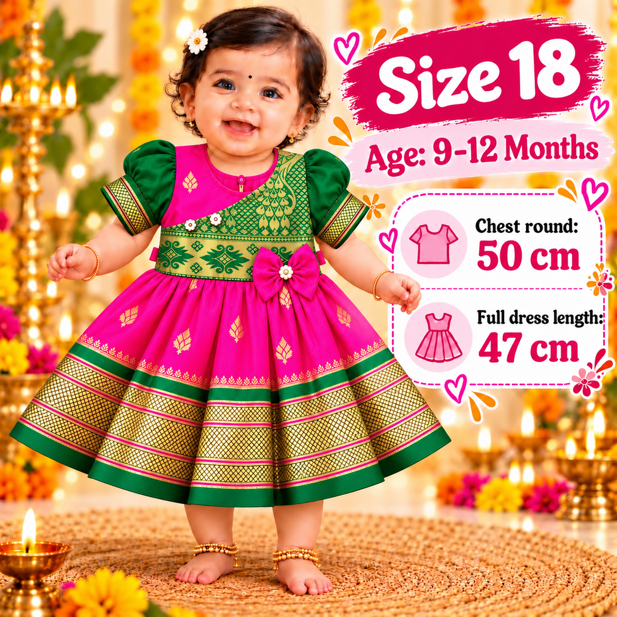 Girls Rani Pink & Green Royal Brocade Paithani Frock | Golden Border Ethnic Party Dress