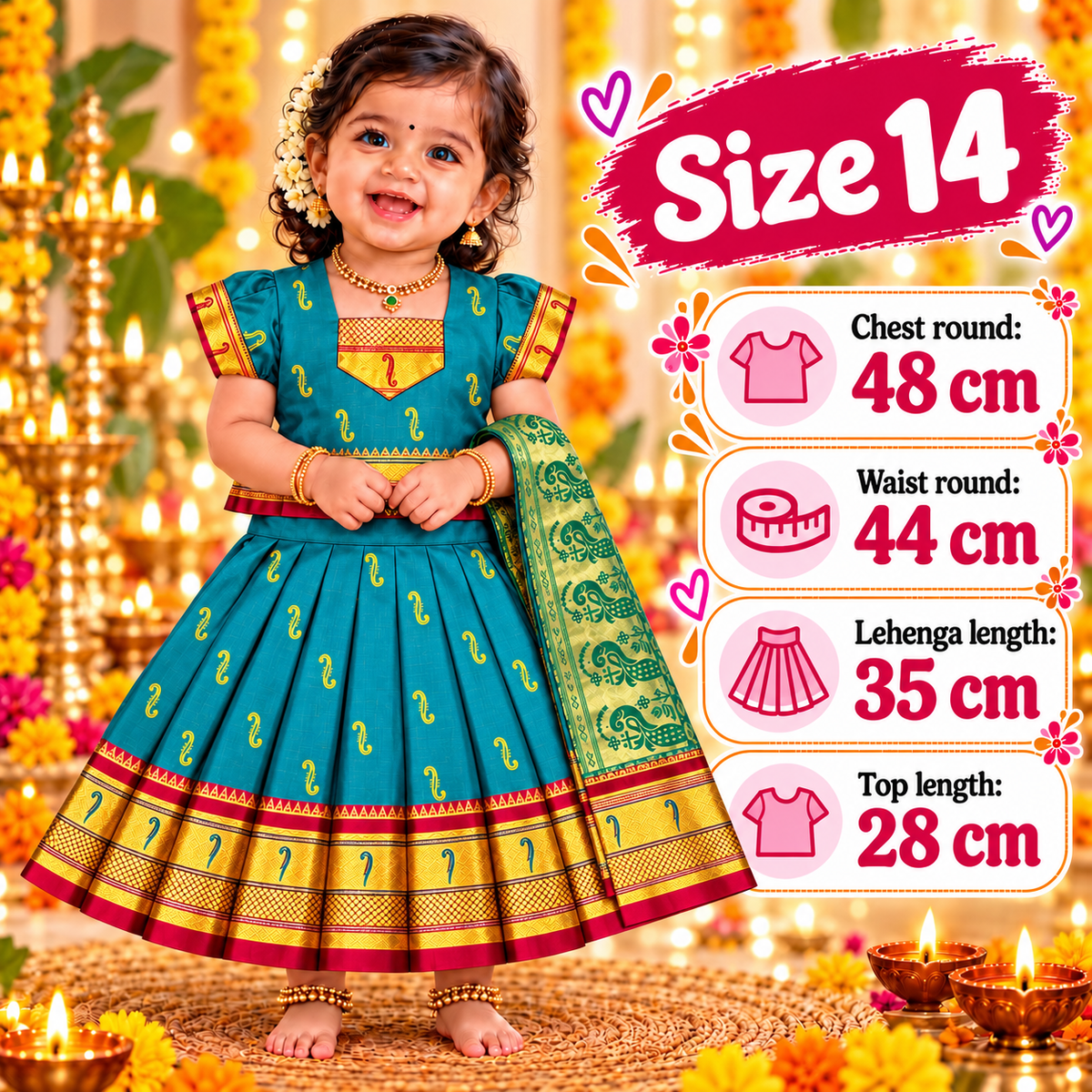Girls Peacock Blue Designer Pattu Pavadai with Golden Border & Dupatta | Traditional Indian Wedding & Party Wear