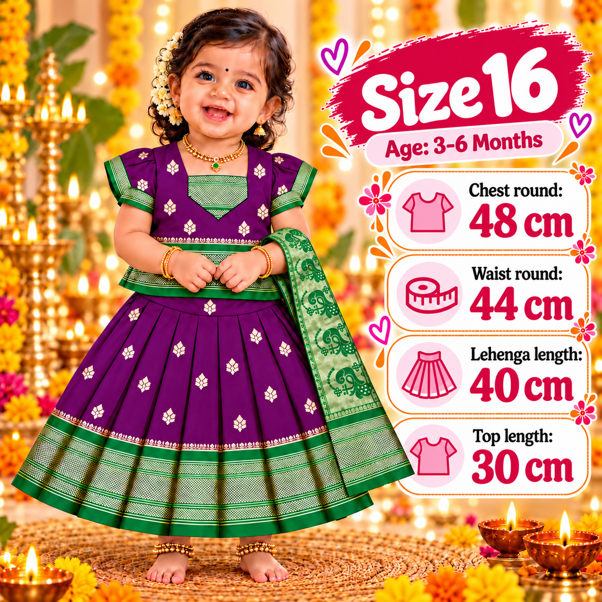 Girls Royal Purple Pattu Pavadai Lehenga Set with Green Dupatta | Premium Baby Girls Festive & Wedding Wear